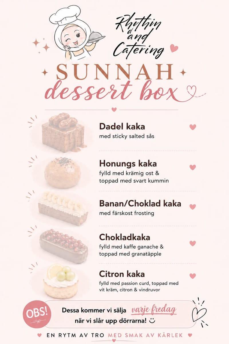 Meny för Sunnah dessert box – dadelkaka, honungskaka, banan- och chokladkaka, chokladkaka och citronkaka